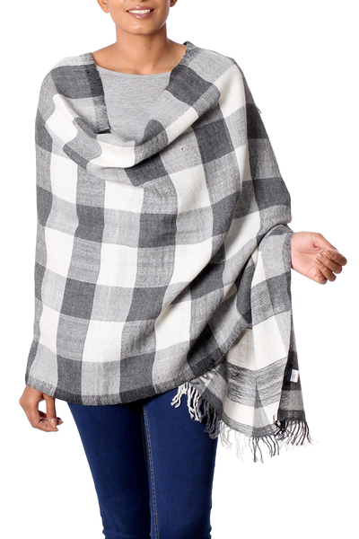 Wool shawl, 'Elegant Checks' - Indian Handcrafted Shawl in Black and White Checked Pattern