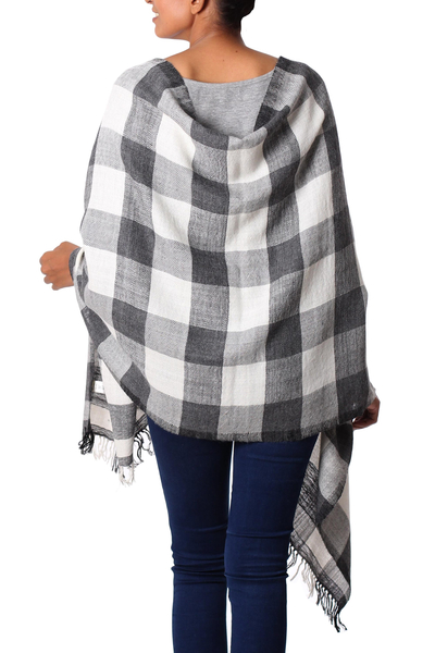 Wool shawl, 'Elegant Checks' - Indian Handcrafted Shawl in Black and White Checked Pattern