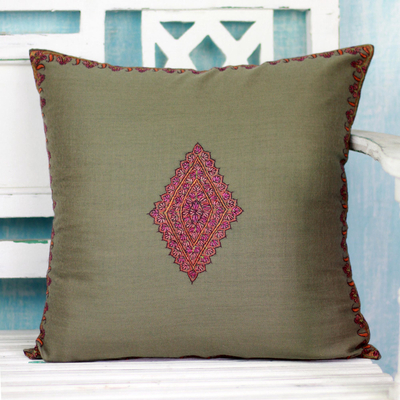 Wool cushion cover, 'Forest Delight' - Cushion Cover Handcrafted in India Embroidered with Diamond