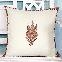 Wool cushion cover, 'Kashmir Majesty' - Wool Kashmiri Hand Embroidered Cushion Cover