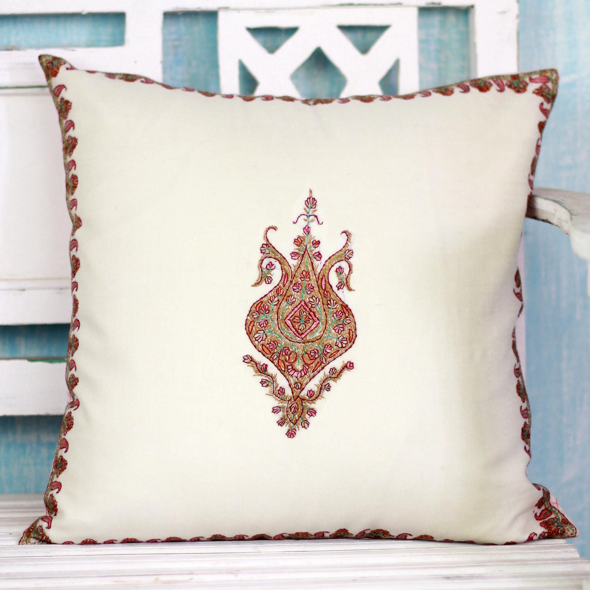 Wool Kashmiri Hand Embroidered Cushion Cover Kashmir Majesty NOVICA
