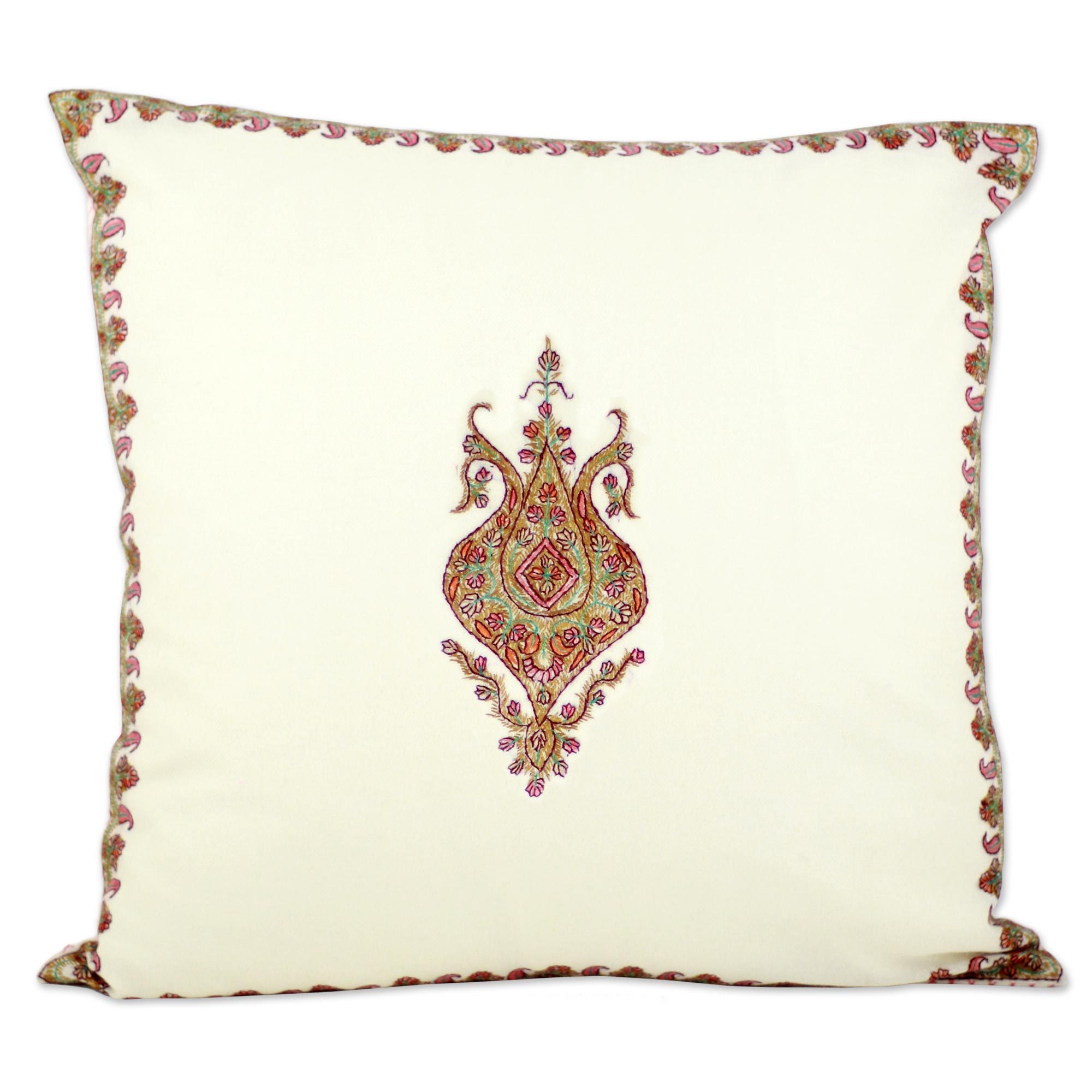 Wool Kashmiri Hand Embroidered Cushion Cover Kashmir Majesty NOVICA