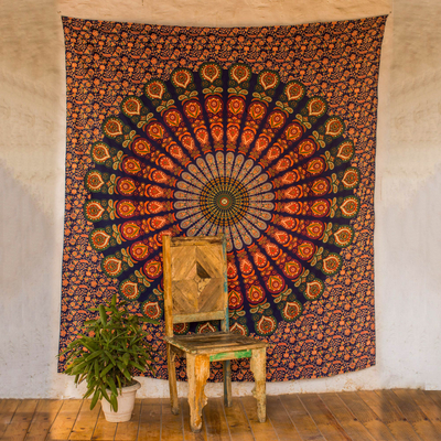 Tapiz de algodón, 'Leafy Mandala' - Tapiz de pared de algodón naranja con mandala budista y bohemio