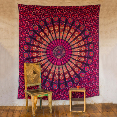 Wandbehang aus Baumwolle - Lila bedruckter Mandala-Wandbehang aus Baumwolle aus Indien