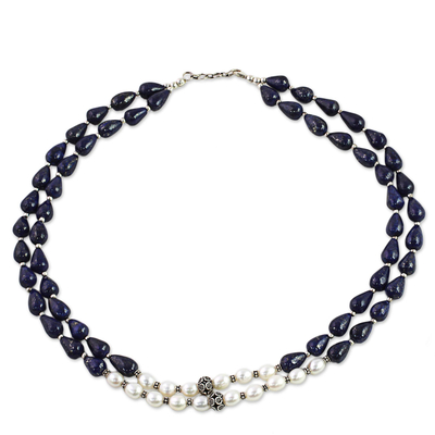 Collar de dos vueltas de lapislázuli y perlas cultivadas - Collar de dos vueltas de plata con lapislázuli y perlas cultivadas