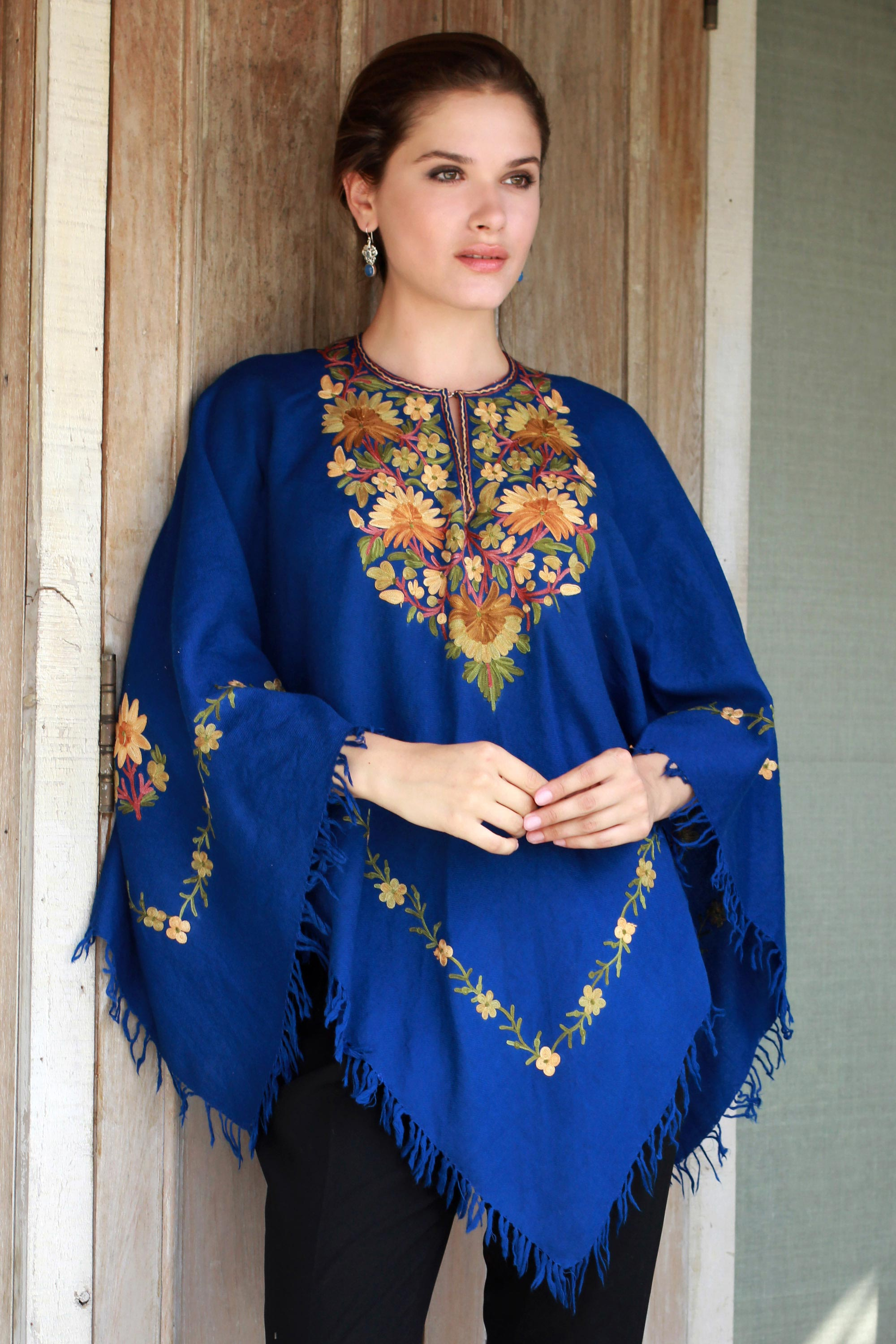 Indian 100% Wool Poncho in Royal Blue with Aari Embroidery - Majestic  Garden | NOVICA