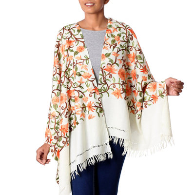 Chal de lana - Mantón floral bordado estilo Aari 100% lana de la India