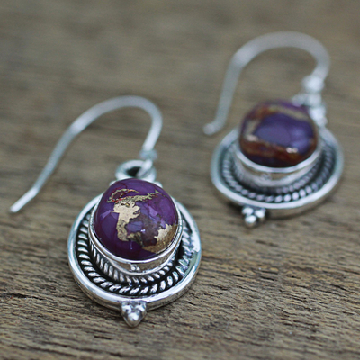 Pendientes colgantes de plata de ley - Pendientes colgantes de turquesa púrpura hechos a mano de la India