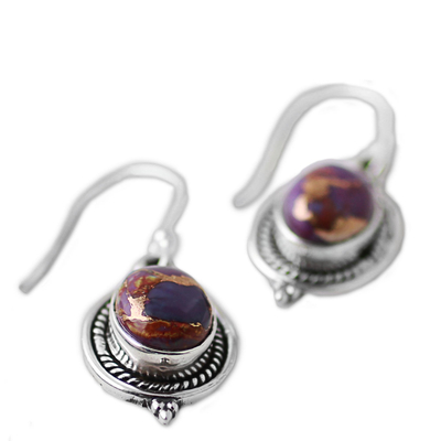 Pendientes colgantes de plata de ley - Pendientes colgantes de turquesa púrpura hechos a mano de la India