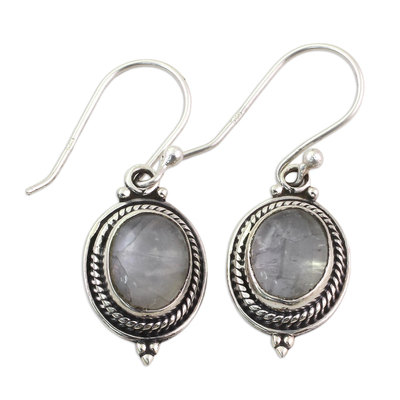 Rainbow moonstone dangle earrings, 'Moonlit Charm' - Sterling Silver Rainbow Moonstone Dangle Earrings India