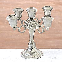 Nickel plated brass candleholder, 'Timeless Classic' - Shiny Nickel Plated Brass Candleholder for 5 Taper Candles