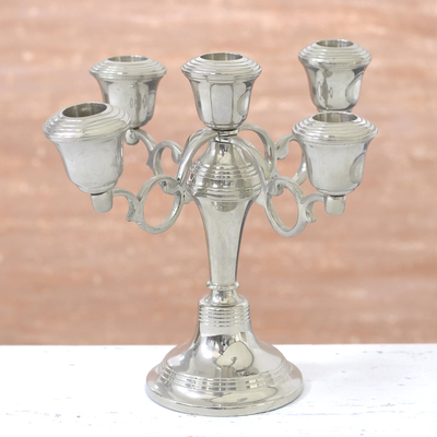 Nickel plated brass candleholder, 'Timeless Classic' - Shiny Nickel Plated Brass Candleholder for 5 Taper Candles