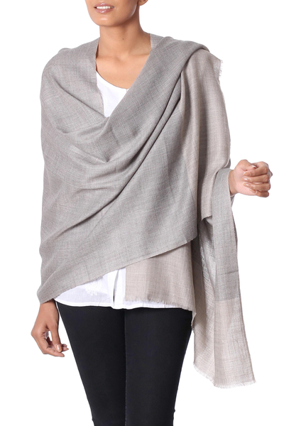 Wool blend shawl, 'Subtle Delight' - Indian Hand Loomed Grey Wool Viscose Shawl