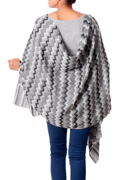 Wool shawl, 'Grey Delight' - Hand Woven Wool Shawl from India in Grey, Black, and White