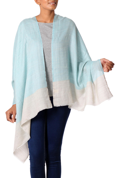 Wool shawl, 'Blue Delight' - 100% Wool Shawl in Light Blue and Grey Handmade in India