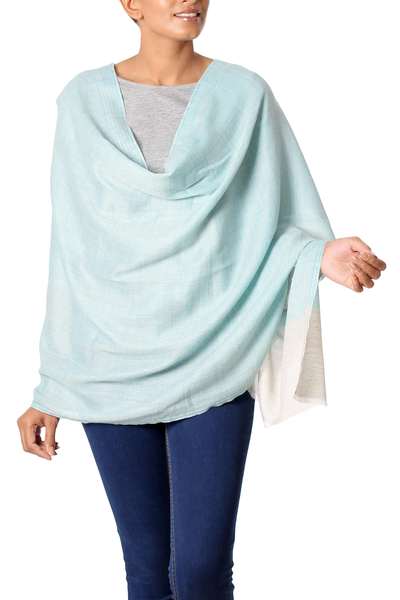 Wool shawl, 'Blue Delight' - 100% Wool Shawl in Light Blue and Grey Handmade in India