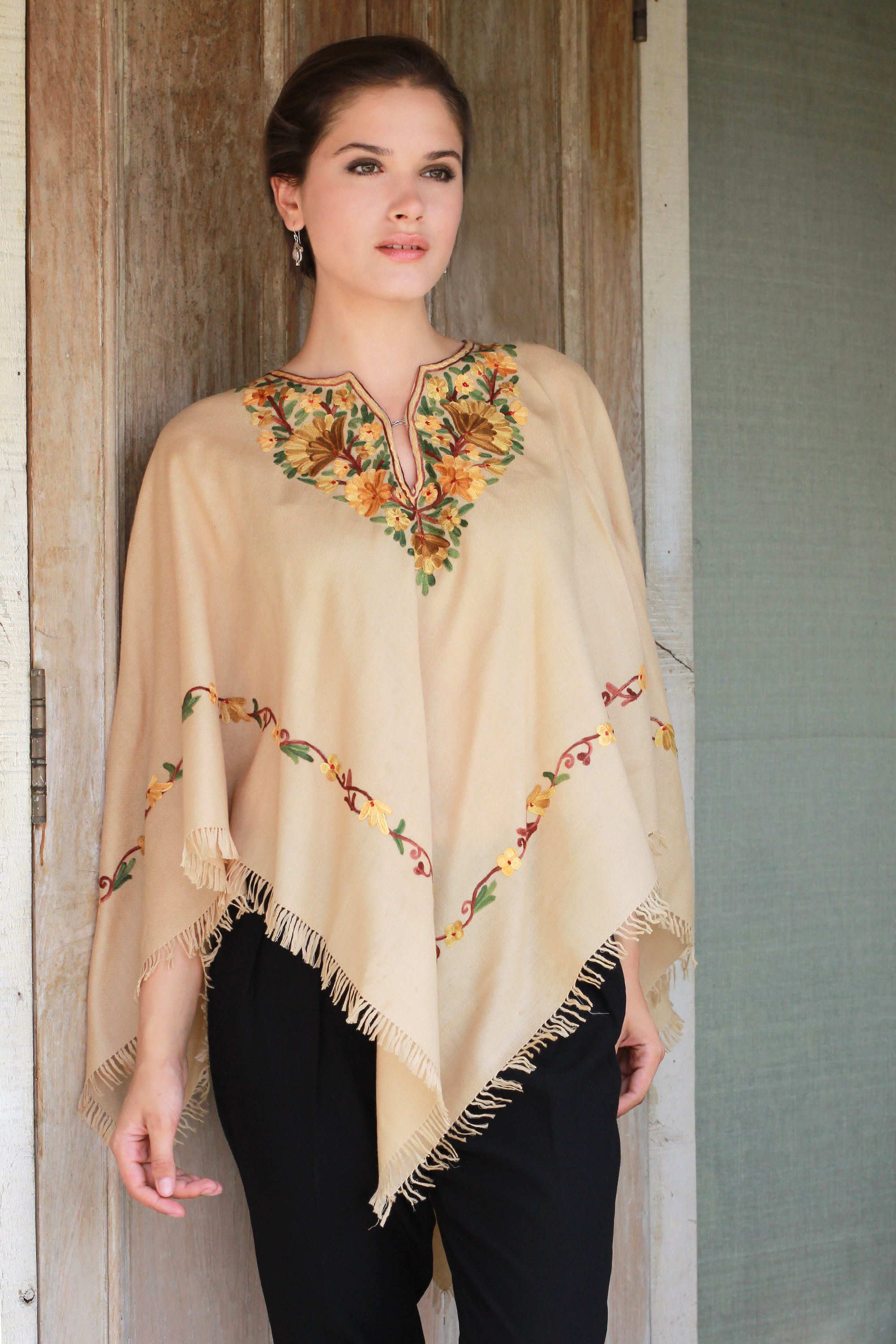 Aari Wool Poncho with Floral Motifs and Fringes from India - Aari Princess  | NOVICA