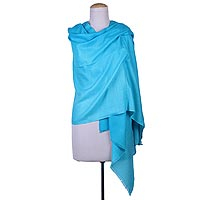 Wool shawl, 'Biscay Bay' - Solid Textured Turquoise Wool Shawl from India