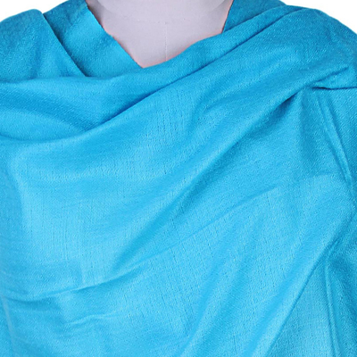 Wool shawl, 'Biscay Bay' - Solid Textured Turquoise Wool Shawl from India