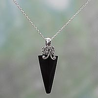 Onyx pendant necklace, 'Onyx Arrow' - Hand Made Onyx Sterling Silver Pendant Necklace from India