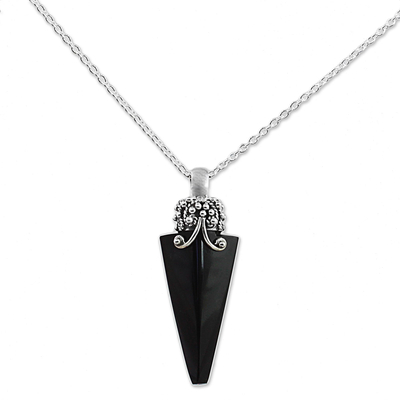Onyx pendant necklace, 'Onyx Arrow' - Hand Made Onyx Sterling Silver Pendant Necklace from India