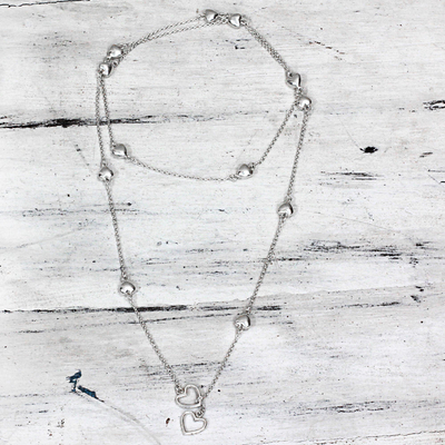 Sterling silver station necklace, 'Glossy Hearts' - Hand Made Sterling Silver Charm Necklace Hearts from India