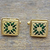 Gold plated cufflinks, 'Majestic Tendrils' - Hand Made Green Gold Sterling Silver Cufflinks from India