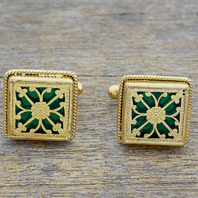 Gold plated cufflinks, 'Majestic Tendrils' - Hand Made Green Gold Sterling Silver Cufflinks from India