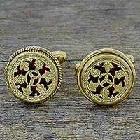 Gold plated cufflinks, 'Floral Wheels' - Hand Made Gold Plated Floral Cufflinks from India