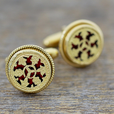 Gold plated cufflinks, 'Floral Wheels' - Hand Made Gold Plated Floral Cufflinks from India