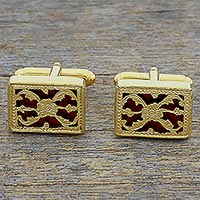 Gold plated cufflinks, 'Red Glory' - Hand Made Red Gold Sterling Silver Cufflinks from India