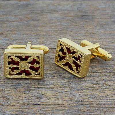 Gold plated cufflinks, 'Red Glory' - Hand Made Red Gold Sterling Silver Cufflinks from India