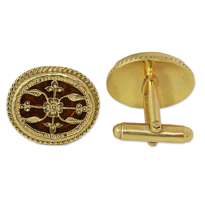 Gold plated cufflinks, 'Golden Glory' - Hand Made Gold and Glass Cufflinks from India