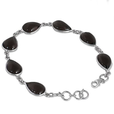 Smoky quartz link bracelet, 'Mystical Dewdrops' - Hand Made Smoky Quartz Silver Link Bracelet from India