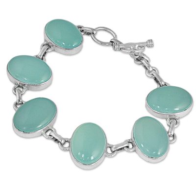 Chalcedony link bracelet, 'Aqua Beauty' - Hand Made Aqua Chalcedony Silver Link Bracelet from India