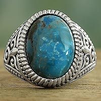 Anillo de plata de primera ley con una sola piedra, 'Radiant Blue Beauty' - Anillo de cóctel de plata de ley con turquesa reconstituida