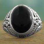 Onyx cocktail ring, 'Radiant Black Beauty' - Onyx and Sterling Silver Cocktail Ring with Floral Motif