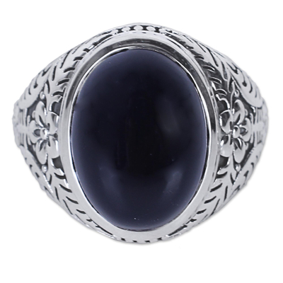 Onyx cocktail ring, 'Radiant Black Beauty' - Onyx and Sterling Silver Cocktail Ring with Floral Motif