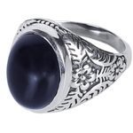 Onyx cocktail ring, 'Radiant Black Beauty' - Onyx and Sterling Silver Cocktail Ring with Floral Motif