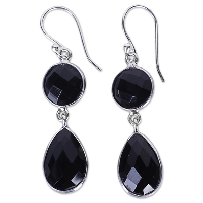 Onyx dangle earrings, 'Magical Charm' - Dual Onyx Gemstone Dangle Earrings with Sterling Silver