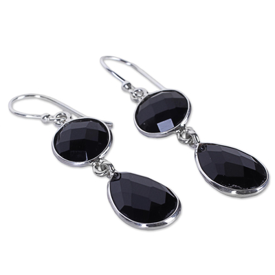 Onyx dangle earrings, 'Magical Charm' - Dual Onyx Gemstone Dangle Earrings with Sterling Silver