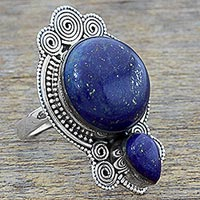 Lapis lazuli cocktail ring, 'Glamorous Blue' - Hand Made Lapis Lazuli Cocktail Ring Rava Motif India