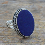 Lapis lazuli cocktail ring, 'Pool of Memories' - Hand Made Blue Oval Lapis Lazuli Cocktail Ring India