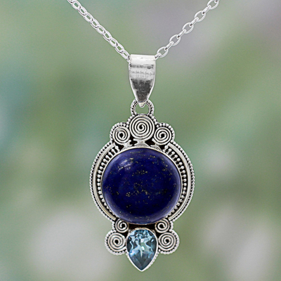Lapis lazuli pendant necklace, 'Glamorous Blue' - Hand Made Lapis Lazuli Blue Topaz Pendant Necklace India
