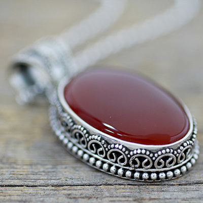 Carnelian pendant necklace, 'Fiery Glamour' - Hand Made Red Carnelian Pendant Necklace from India