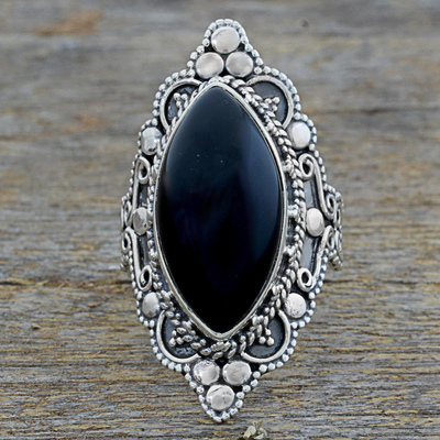 Onyx cocktail ring, 'Midnight Grandeur' - Hand Made Sterling Silver Onyx Cocktail Ring from India