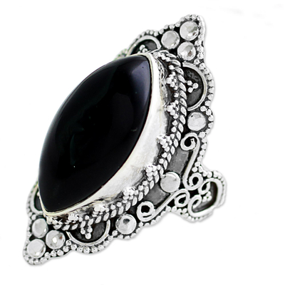 Onyx cocktail ring, 'Midnight Grandeur' - Hand Made Sterling Silver Onyx Cocktail Ring from India