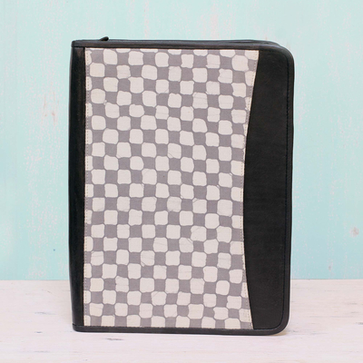 Leather accented cotton batik portfolio, 'Checkered Stone' - Batik Cotton File Holder Checkered Motif in Stone from India