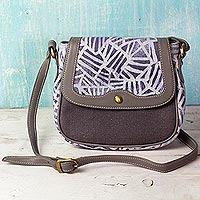 Leather accent cotton batik shoulder bag, 'Entangled Leaves' - Batik Printed Cotton and Leather Shoulder Bag from India