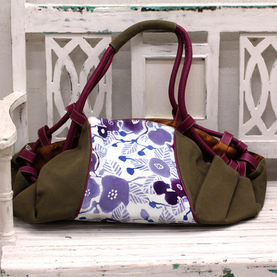 Leather accent cotton batik duffel bag, 'Flowery Cheer' - Batik Printed Cotton and Leather Duffel Bag from India